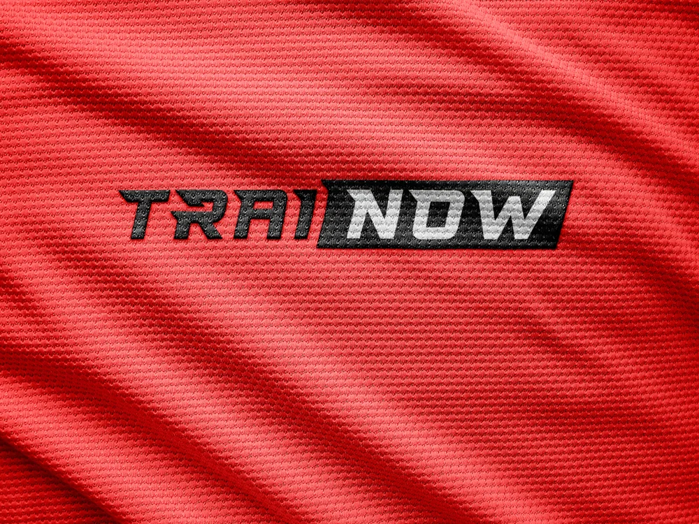 Trainow logo printed on red sports fabric.