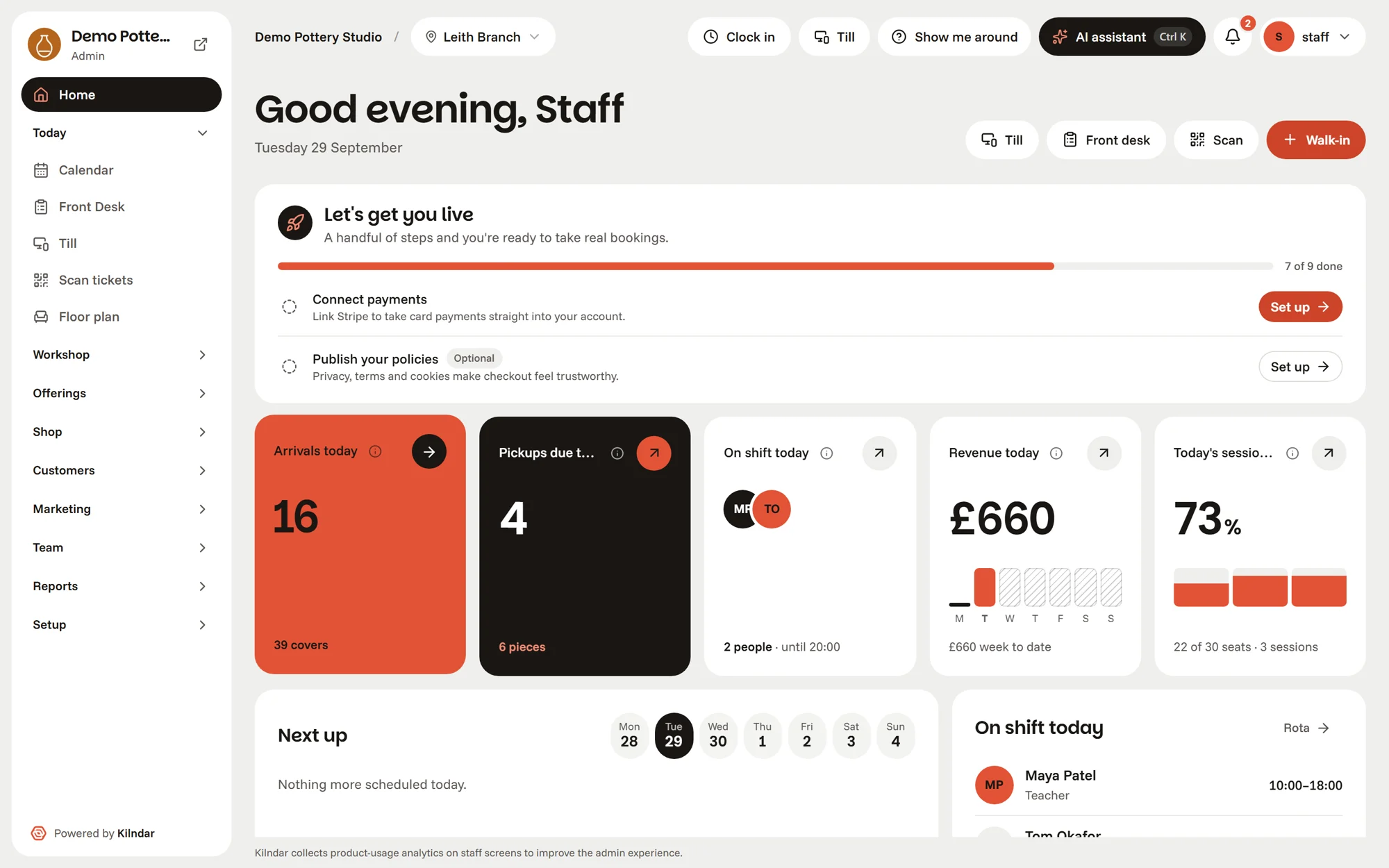 Kilndar home screen for a pottery studio: arrivals, pickups, revenue and staff on shift.