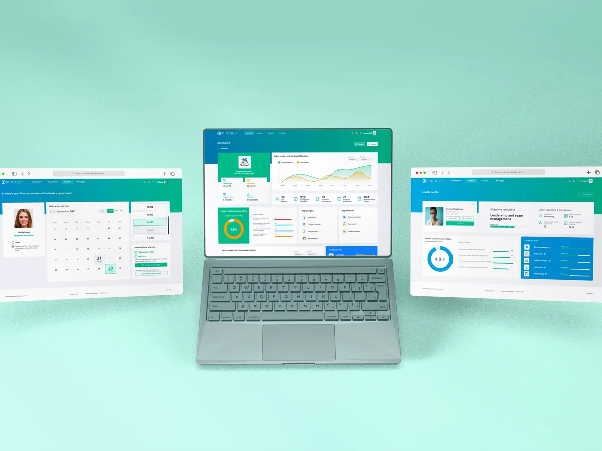 Mindbly coaching platform screens.