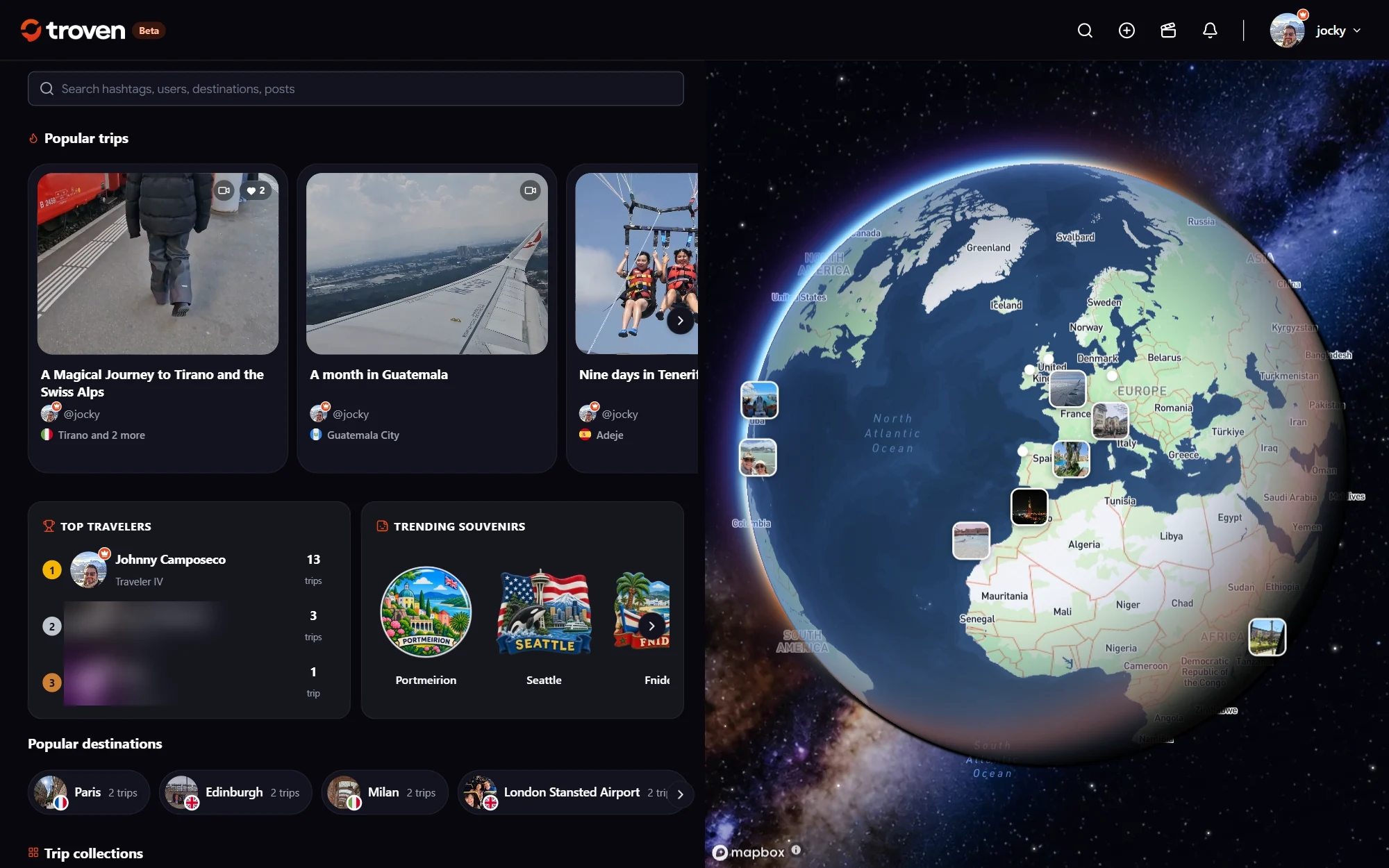 Troven Explore: popular trips, top travelers, trending souvenirs and a 3D globe of trips.